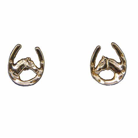 Exselle Equestrian Jewelry - Horse Head in Horseshoe Earrings - Platinum or Gold Plated