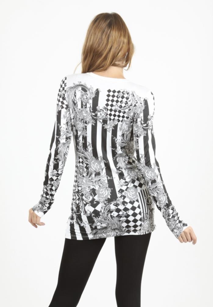 Vocal Round Neck Top With Floral and Geometric Patterns