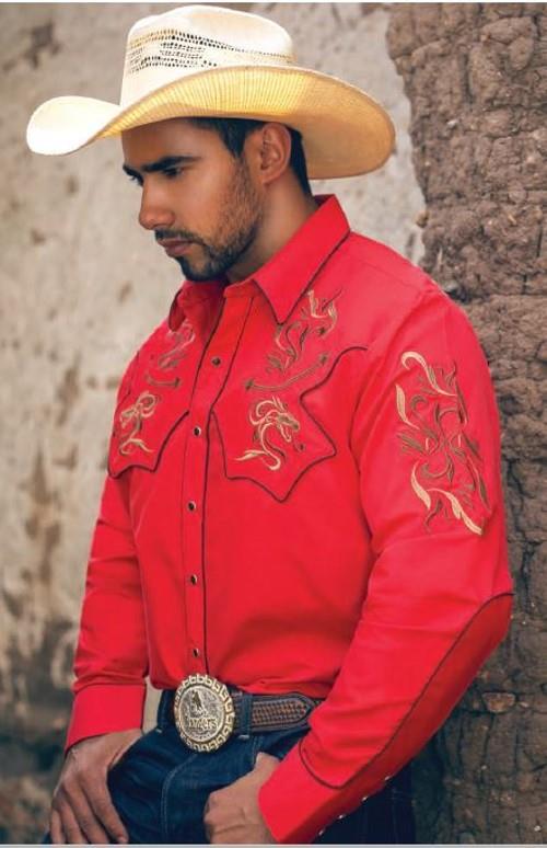 Ranger's Men's Long Sleeve Embroidered Western Shirt - Red/Brown - Size L only