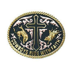 Andwest - Cowboys Ride wtih Faith - Tri-colour Oval Belt Buckle -  Black, Bronze, Gold