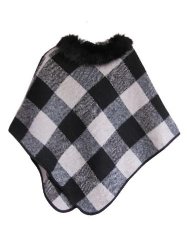 Cherie Bliss - Abstract Plaid Poncho With Fur Trim