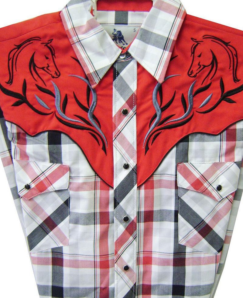 Men's Fitted Western Shirt - Plaid With Embroidered Filigree Horse Heads