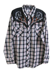 Men's Fitted Western Shirt - Plaid With Embroidered Filigree Horse Heads