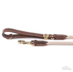 El Paso Leash - Brown Leather And Beige Braided Cord Leash