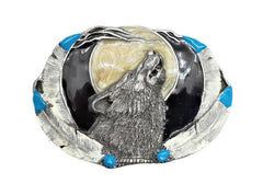 Howling Wolf With Feathers Belt Buckle - Turquoise