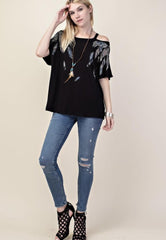 Vocal Cut-Out Cold Shoulders Top With Feathers