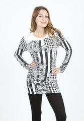 Vocal Round Neck Top With Floral and Geometric Patterns