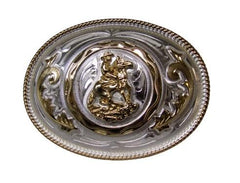Oval Belt Buckle - Reining Horse - Silver and Gold